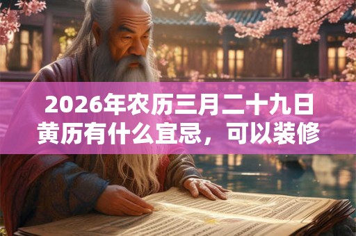 2026年农历三月二十九日黄历有什么宜忌，可以装修动土吗？